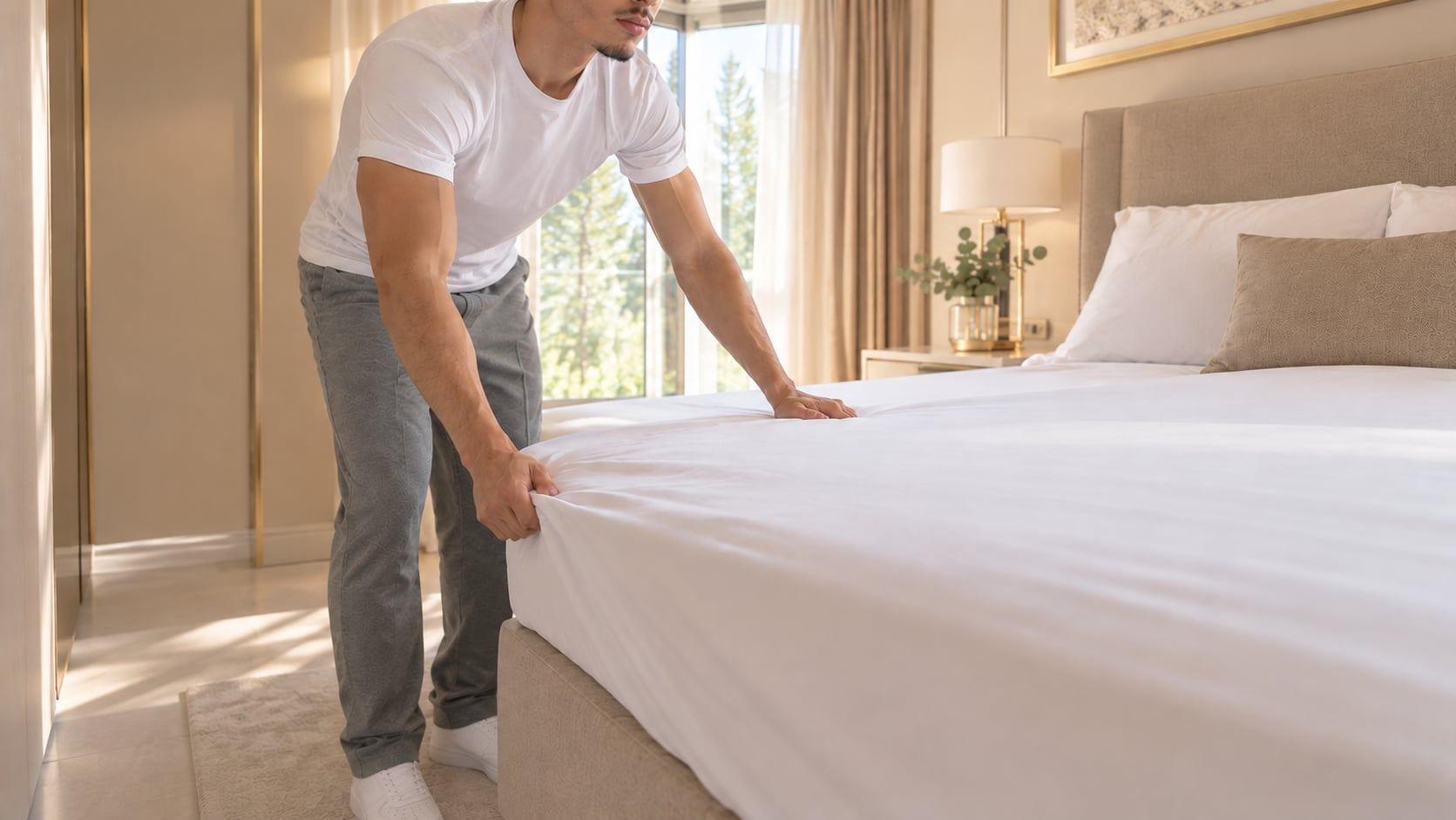 Un homme tend un drap blanc sur le lit d’une chambre lumineuse aux tons beiges.