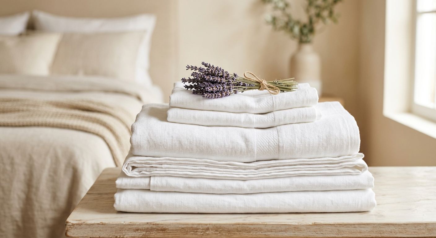 Pile de draps et de serviettes blancs pliés, surmontée d’un brin de lavande, dans une chambre.